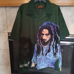 Bob Marley Button Short Sleeve Shirt Rasta Reggae Green Men XL